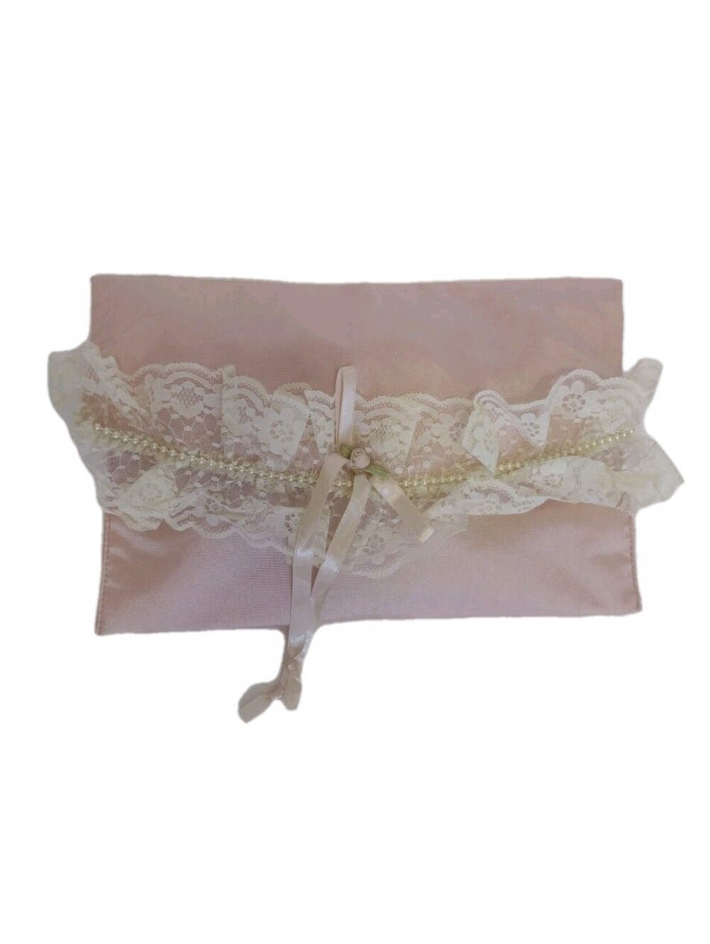 Vintage 80s Victoria's Secret Satin Lingerie Pouch Clutch Pink Lace Pearl Bridal